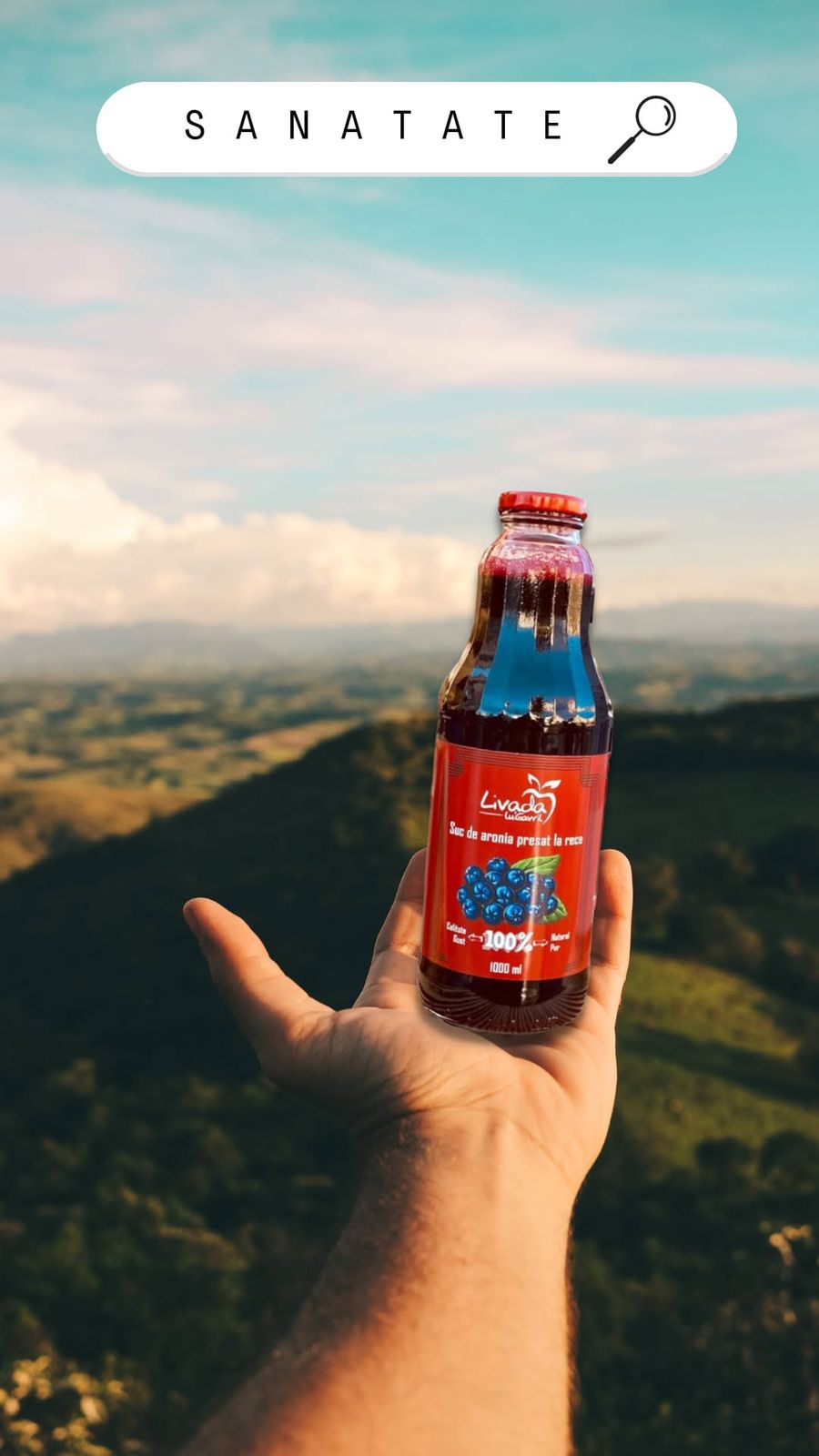 Sticlă de aronia ținută deasupra dealurilor