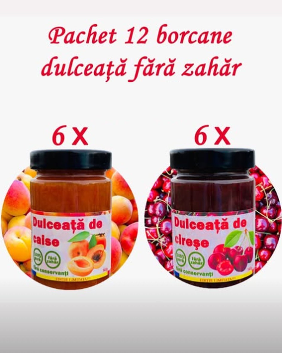 Pachet cu borcane de dulceață de caise și cireșe