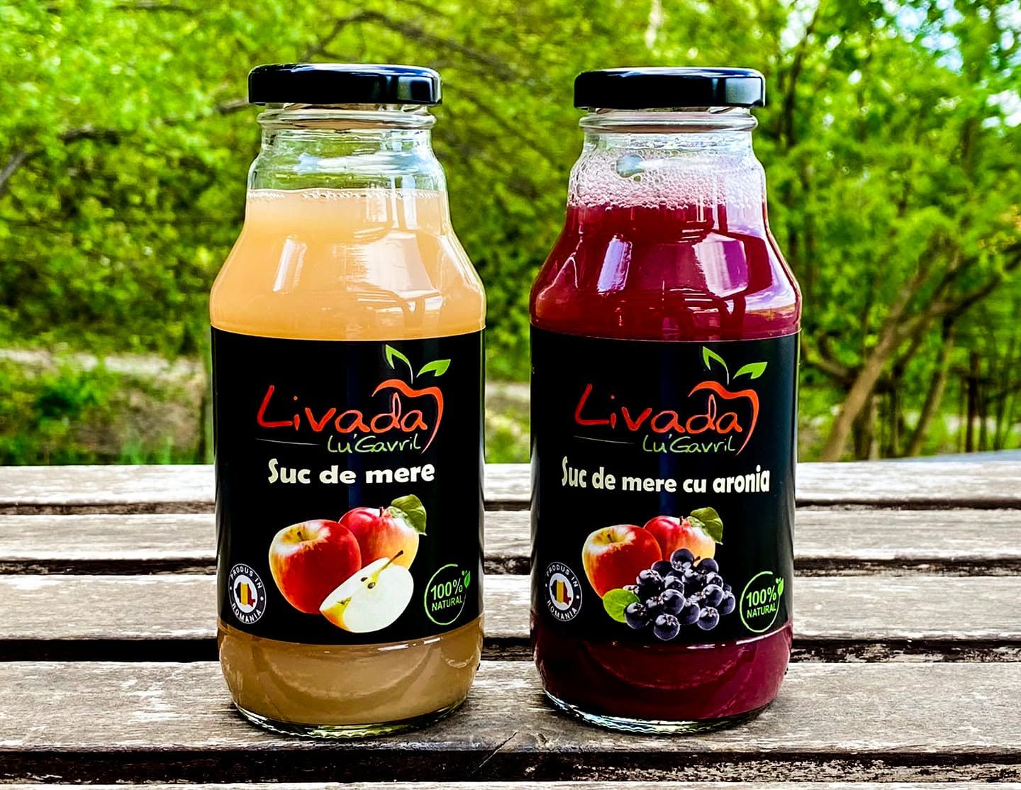 Sticle de suc de mere și suc de mere cu aronia Livada lu' Gavril pe o masă de lemn în livadă