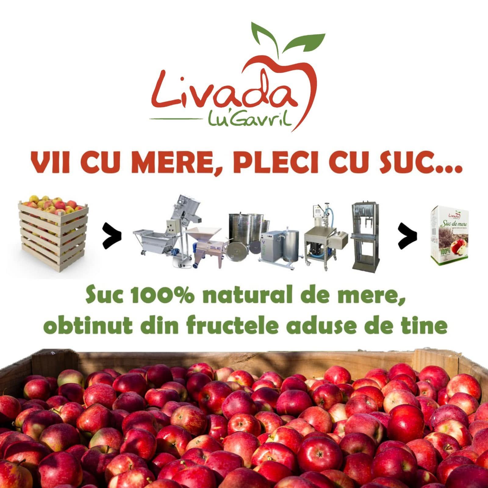 Afiș: Vii cu mere, pleci cu suc — suc 100% natural din fructele aduse de tine