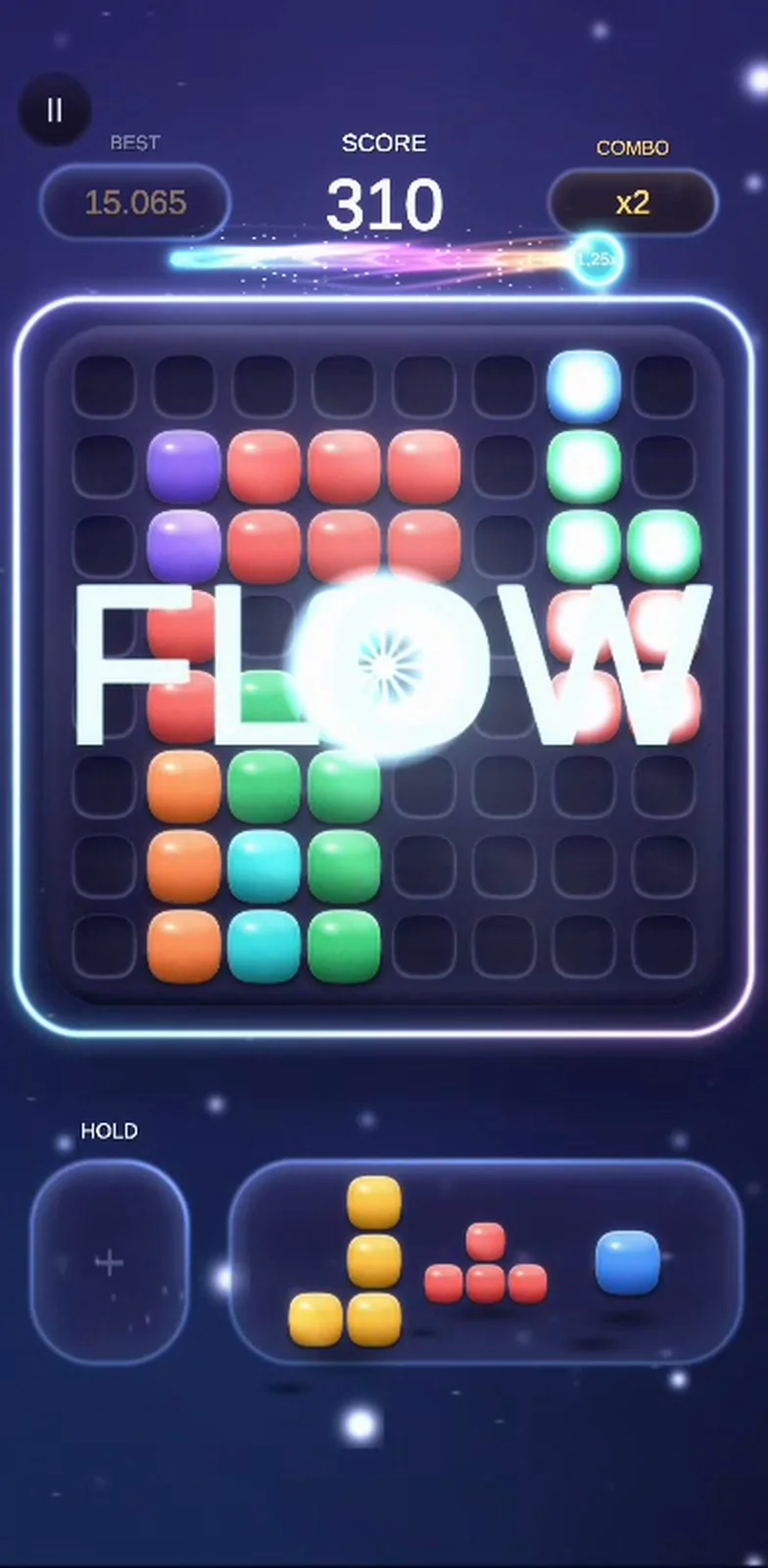 Flow activating: the board crystallizes and the word FLOW floods the screen.
