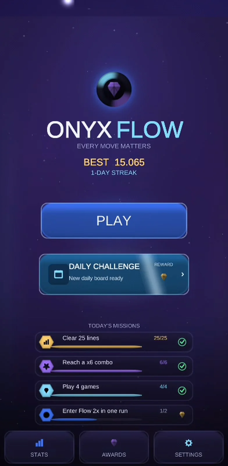 The Onyx Flow main menu: best score, streak, daily challenge and today's missions.