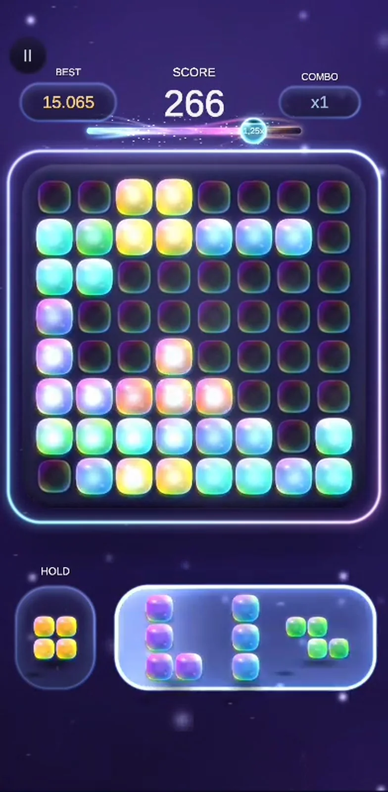 The board rendered in the Holographic skin: pearlescent, colour-shifting blocks.