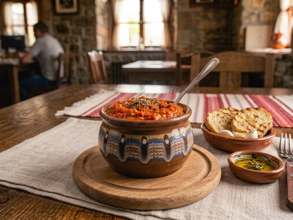 Ajvar de casă într-o oală de lut pictată, cu pâine prăjită și usturoi (imagine generată cu AI)