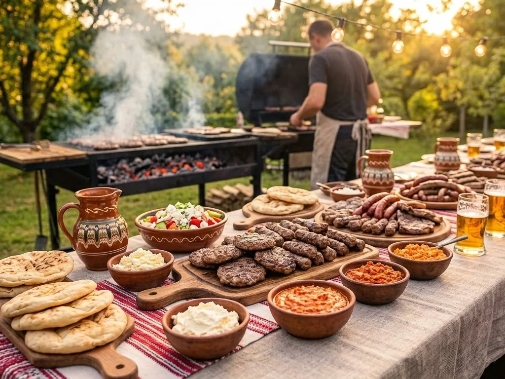 Eveniment în grădină: masă lungă cu pljeskavice, ćevapi, cârnați, lepinja și sosuri, cu grătarul mobil pe cărbuni în fundal (imagine generată cu AI)