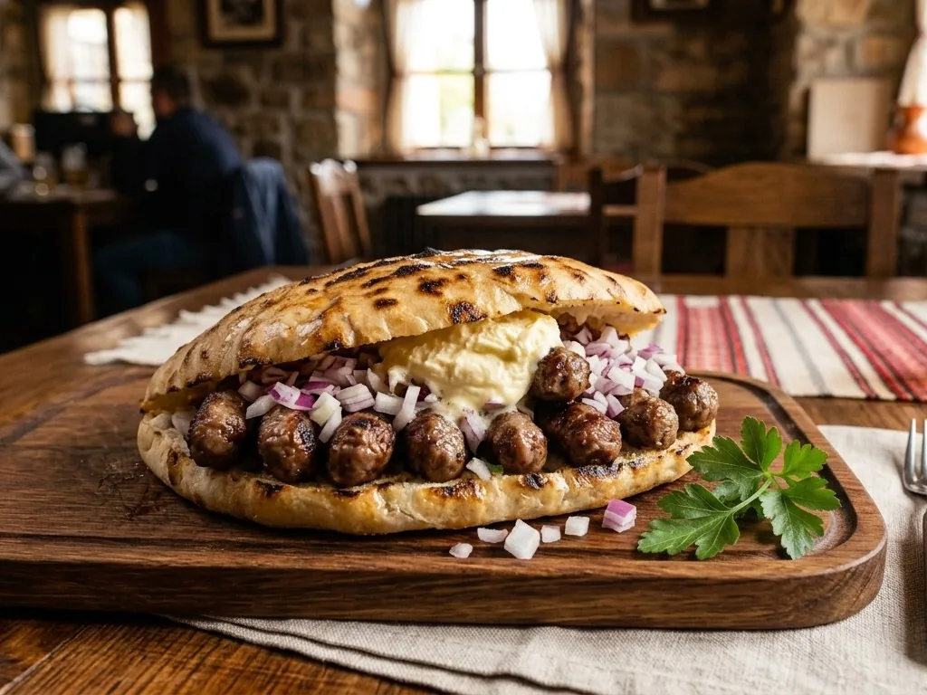 Ćevapi în lepinja, cu ceapă roșie și kajmak, pe tocător de lemn (imagine generată cu AI)