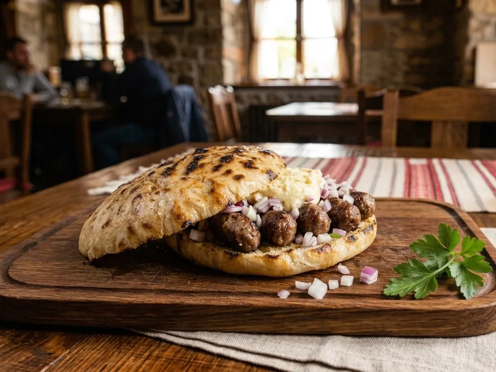 Porție mică de ćevapi în lepinja, cu ceapă și kajmak (imagine generată cu AI)