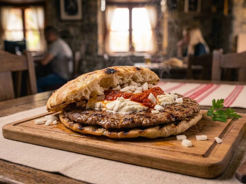Pljeskavica clasică în lepinja deschisă, cu kajmak, ajvar și ceapă crudă, pe tocător de lemn (imagine generată cu AI)