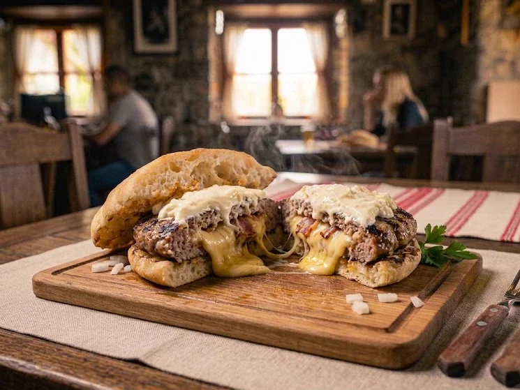 Gurmanska tăiată în două, cu cașcaval topit, bacon și kajmak, pe lepinja (imagine generată cu AI)
