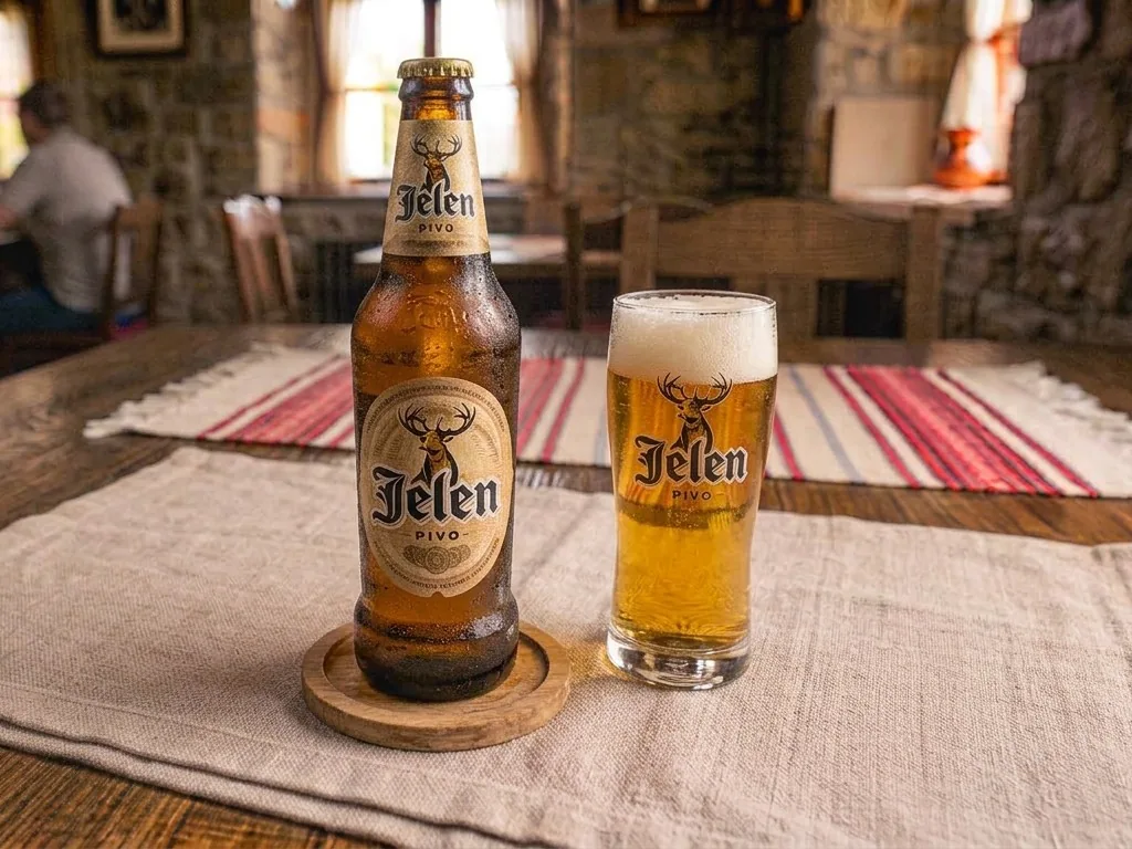 Sticlă și pahar de bere Jelen Pivo pe masa de lemn (imagine generată cu AI)