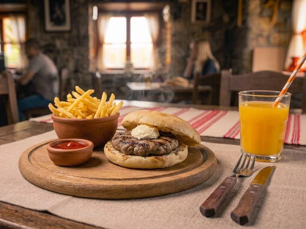 Pljeskavica Kids în lepinja mică, cu kajmak, cartofi prăjiți, ketchup și suc de portocale (imagine generată cu AI)