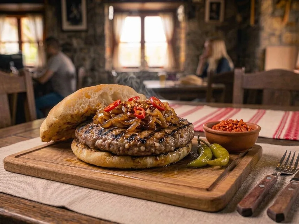 Leskovačka în lepinja, cu ceapă caramelizată, ardei iute și ljuta paprika (imagine generată cu AI)