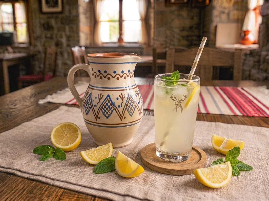 Limonadă de casă cu mentă și lămâie, lângă o carafă de lut pictată (imagine generată cu AI)