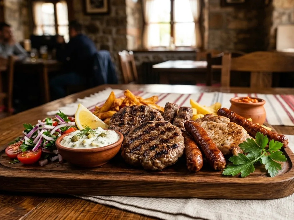 Platou roštilj cu pljeskavice, ćevapi, cârnați, cotlet, cartofi și salată (imagine generată cu AI)