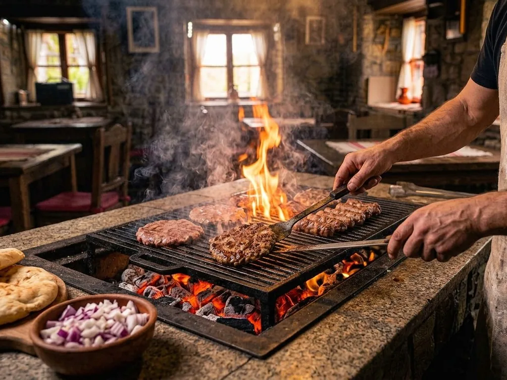 Grătargiul întoarce pljeskavice și ćevapi pe grătarul cu cărbuni, lângă lepinja și ceapă tocată (imagine generată cu AI)