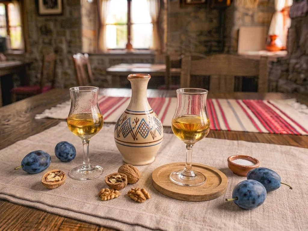 Două pahare de rakija de prune, cu carafă de lut, prune și nuci (imagine generată cu AI)