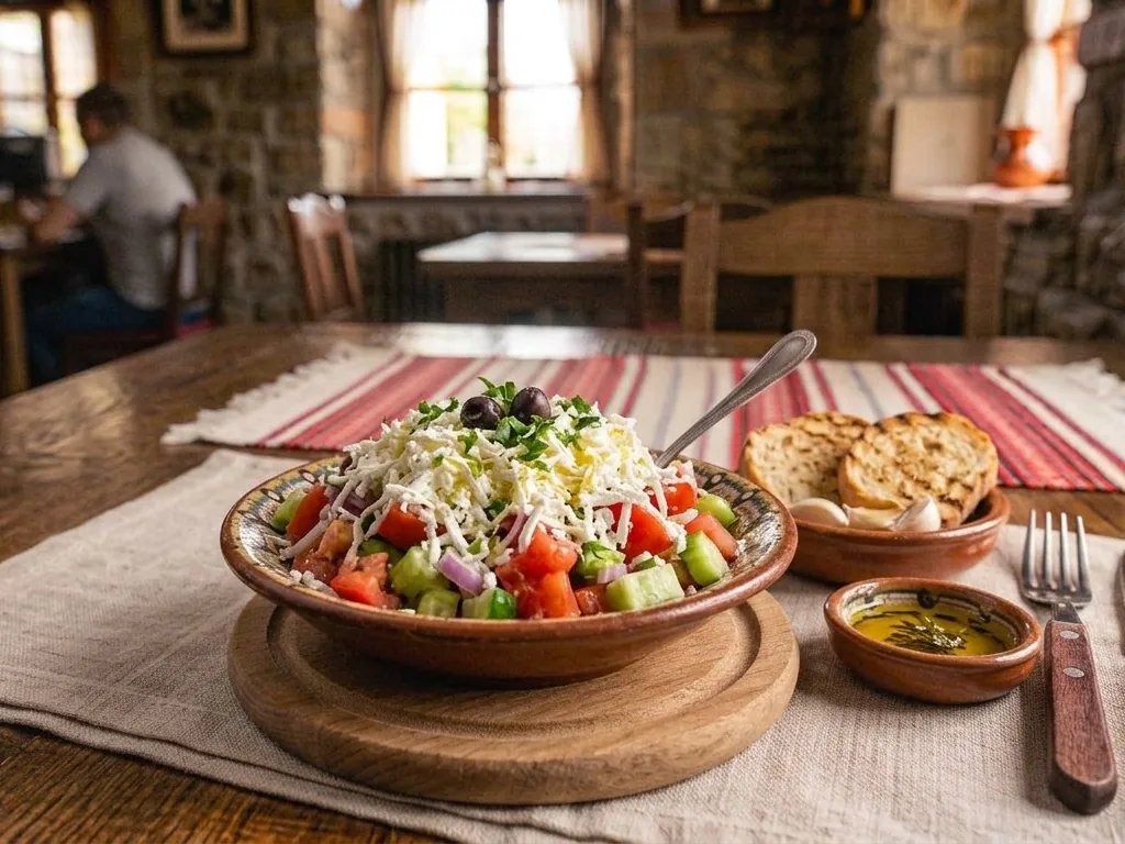 Salată šopska cu roșii, castraveți, ceapă și brânză rasă (imagine generată cu AI)